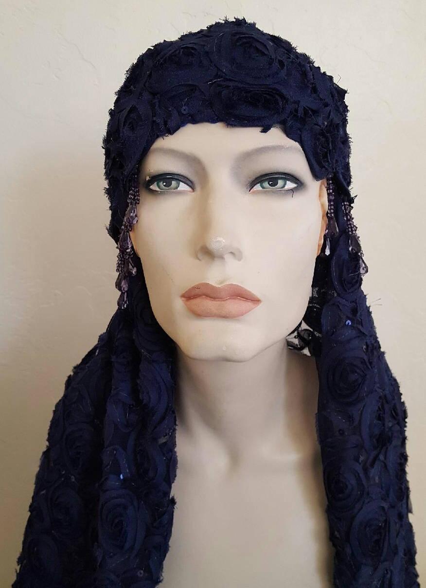 Mariage - Vintage Inspired Navy Blue Gatsby Rose Waterfall Beaded Crochet Flapper Bridal Wedding Headpiece & Veil Headdress Set Costume Party
