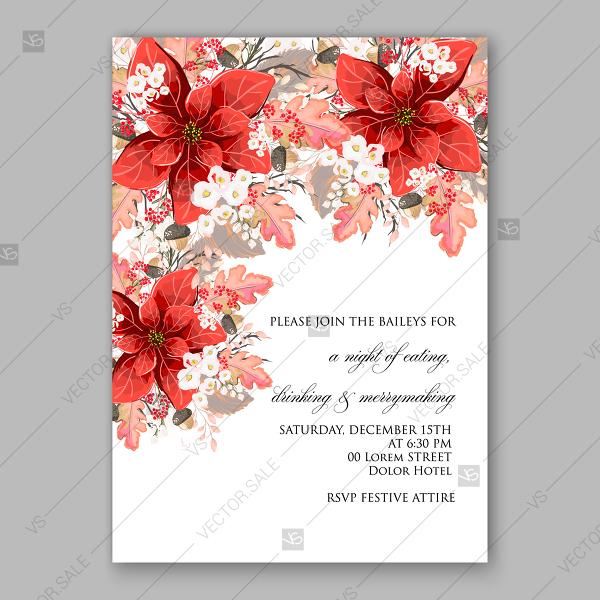 Hochzeit - Poinsettia Wedding Invitation sample card beautiful winter Christmas red flower ornament - Vector summer