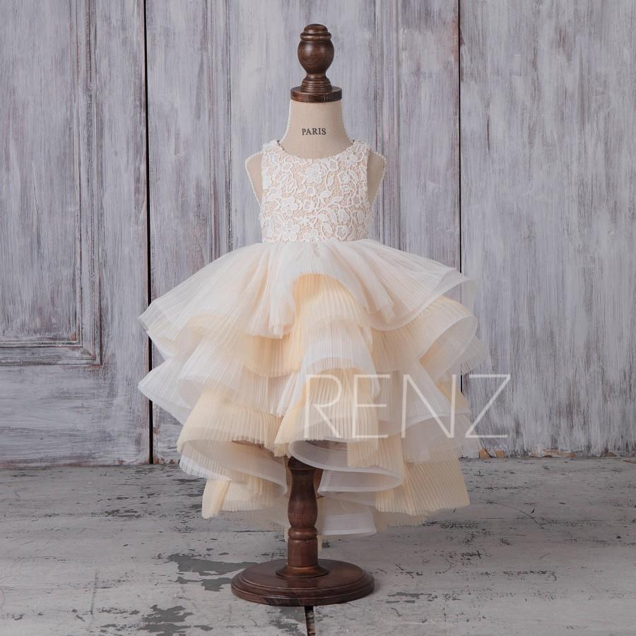 Hochzeit - Flower Girl Dress Off White Junior Bridesmaid Dress Lace  Girls Dresses High Low Beige Tulle Communion Dress Ruffle Tutu Dress (HK470)