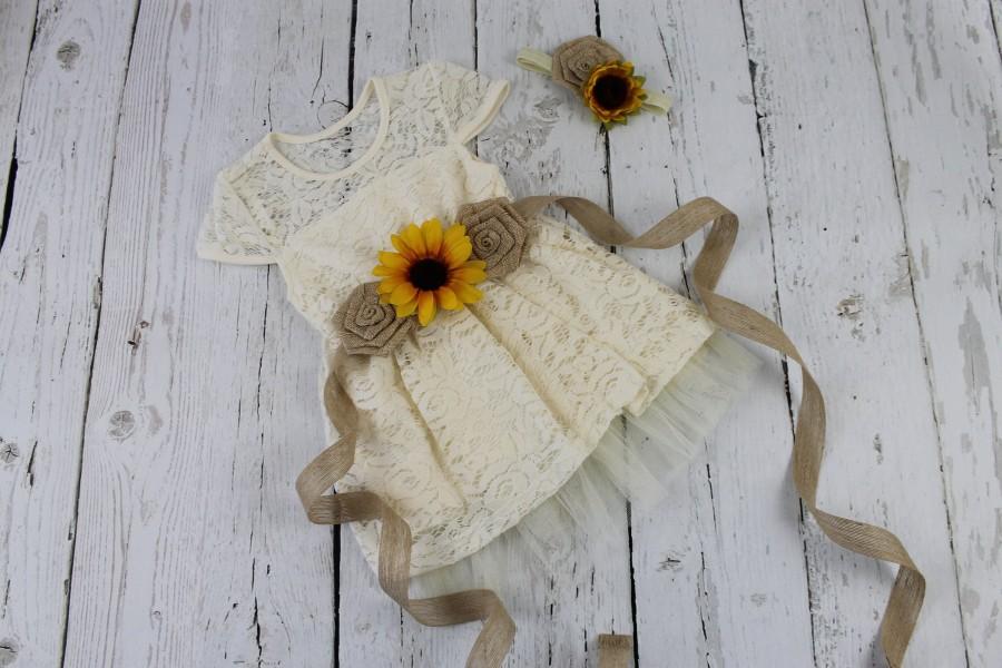 Hochzeit - Rustic Flower Girl Ivory lace Flower Girl Dress Sunflower Burlap Sash Country Wedding