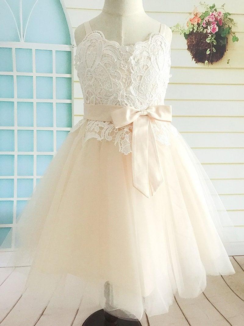Hochzeit - Wedding Champagne Flower Girl Dress, Lace Applicated Tulle Flower Girl Dress Tea Length
