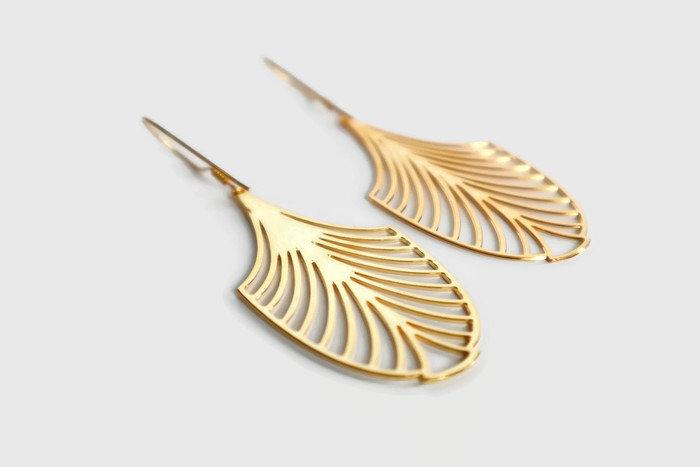 زفاف - Long Gold Filigree Earrings, Boho Chic, Art Deco Earrings