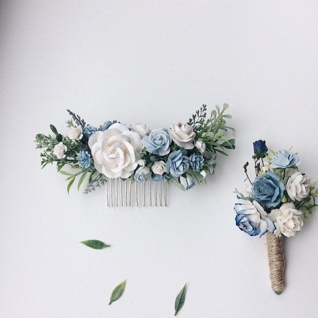 زفاف - Something blue, pale blue hairpiece, Blue and white headpiece, greenery comb, floral hair comb, floral hair piece, blue hair clip, bridal ha