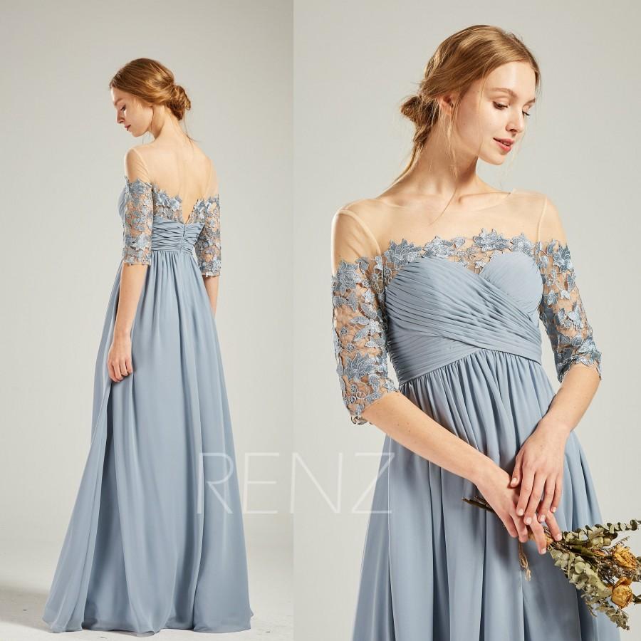 زفاف - Dusty Blue Chiffon Bridesmaid Dress Wedding Dress Half Sleeve Maxi Dress Illusion Lace Boat Neck Prom Dress V Back A-line Party Dress(H727)