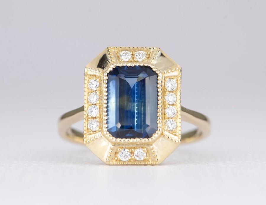 Свадьба - 2.43ctw Emerald Cut Sapphire Ring Diamond Halo 14K Yellow Gold Statement Blue Teal Parti Art Deco Unique OOAK Alternative Bride AD1813