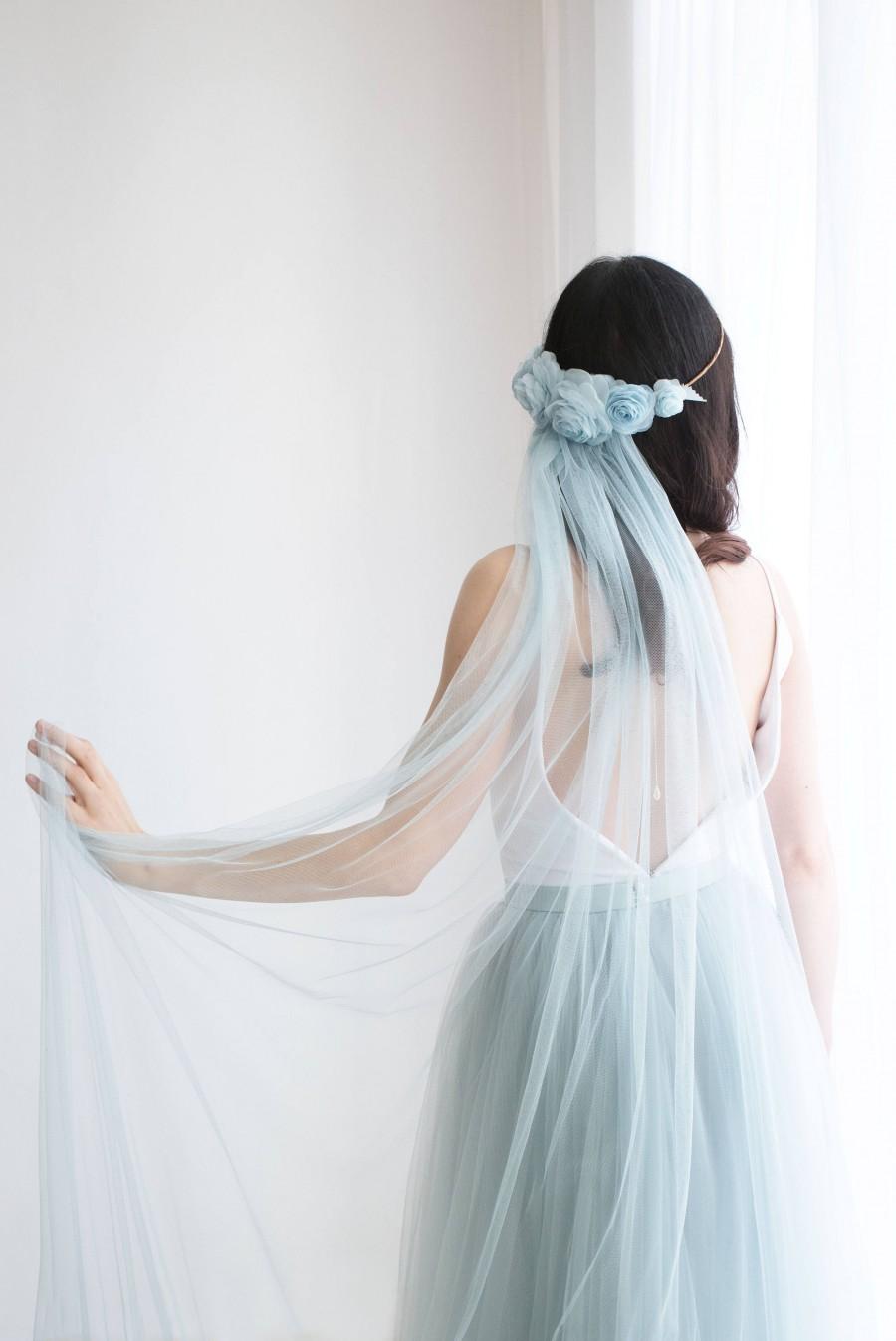 زفاف - Blue wedding veil, Flower crown veil, Bohemian veil, Custom color wedding veil and flower crown