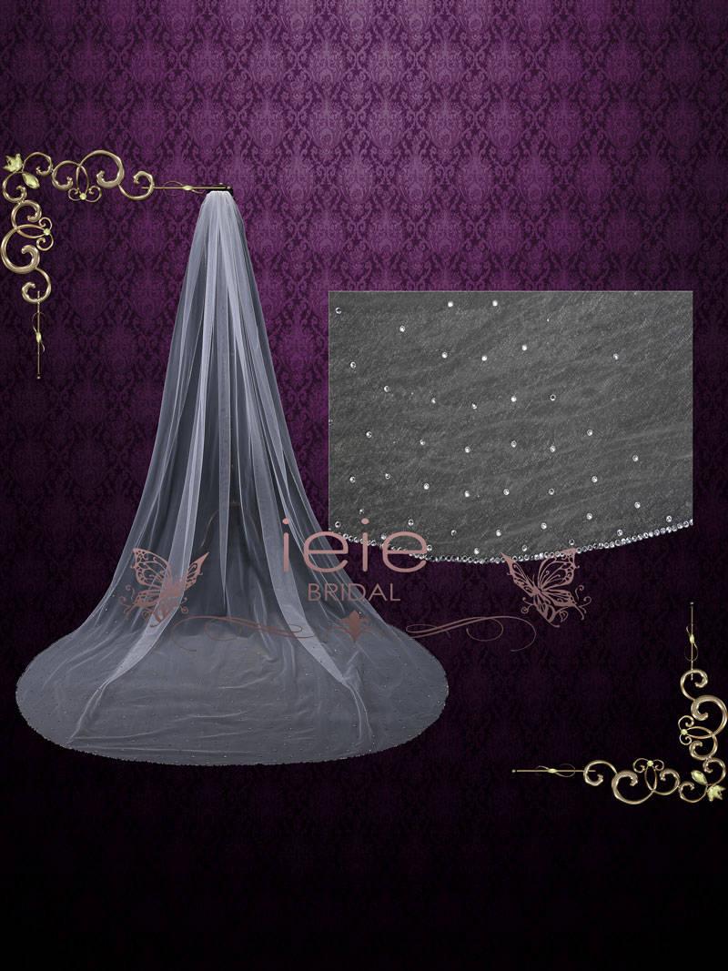 زفاف - Cathedral Length Long Tulle Wedding Veil with Crystal Rhinstones 