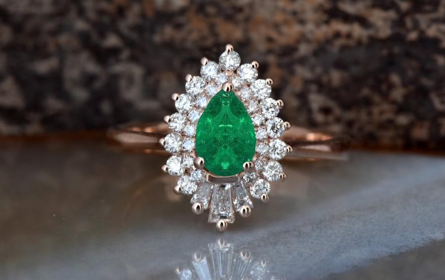 Hochzeit - Emerald engagement ring set rose gold 14K/18K-Diamond vintage ring-Rose gold-Promise ring-Pear shaped emerald-Art deco ring-Custom Rings