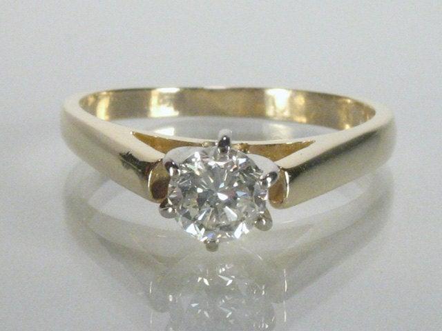زفاف - Mod Architectural Style Diamond Solitaire Engagement Ring - 0.37 Carat Round Diamond 14K Yellow Gold Single Stone Ring Womens Size 7
