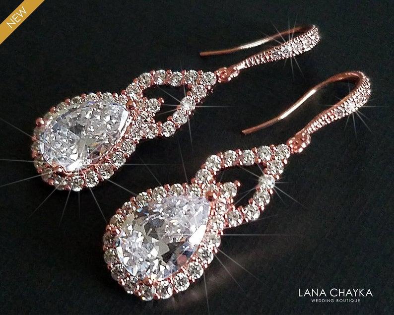 Wedding - Rose Gold Bridal Earrings, Teardrop Crystal Earrings, Wedding Pink Gold Earrings, Cubic Zirconia Dangle Chandelier Earrings, Bridal Jewelry