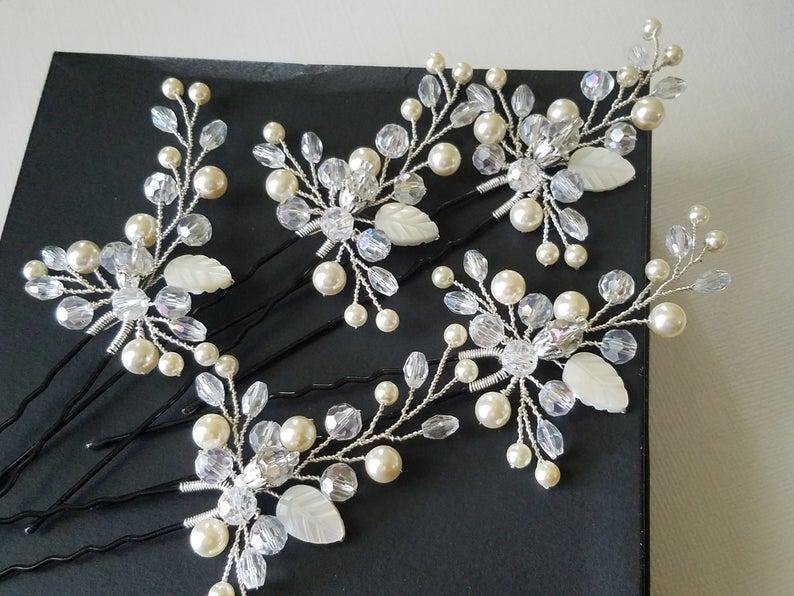 زفاف - Pearl Crystal Bridal Hair Pins, Set of 5 Pearl Hair Pins, Swarovski Ivory Pearl Hair Pieces, Bridal Floral Hair Jewelry, Crystal Pearl Pins