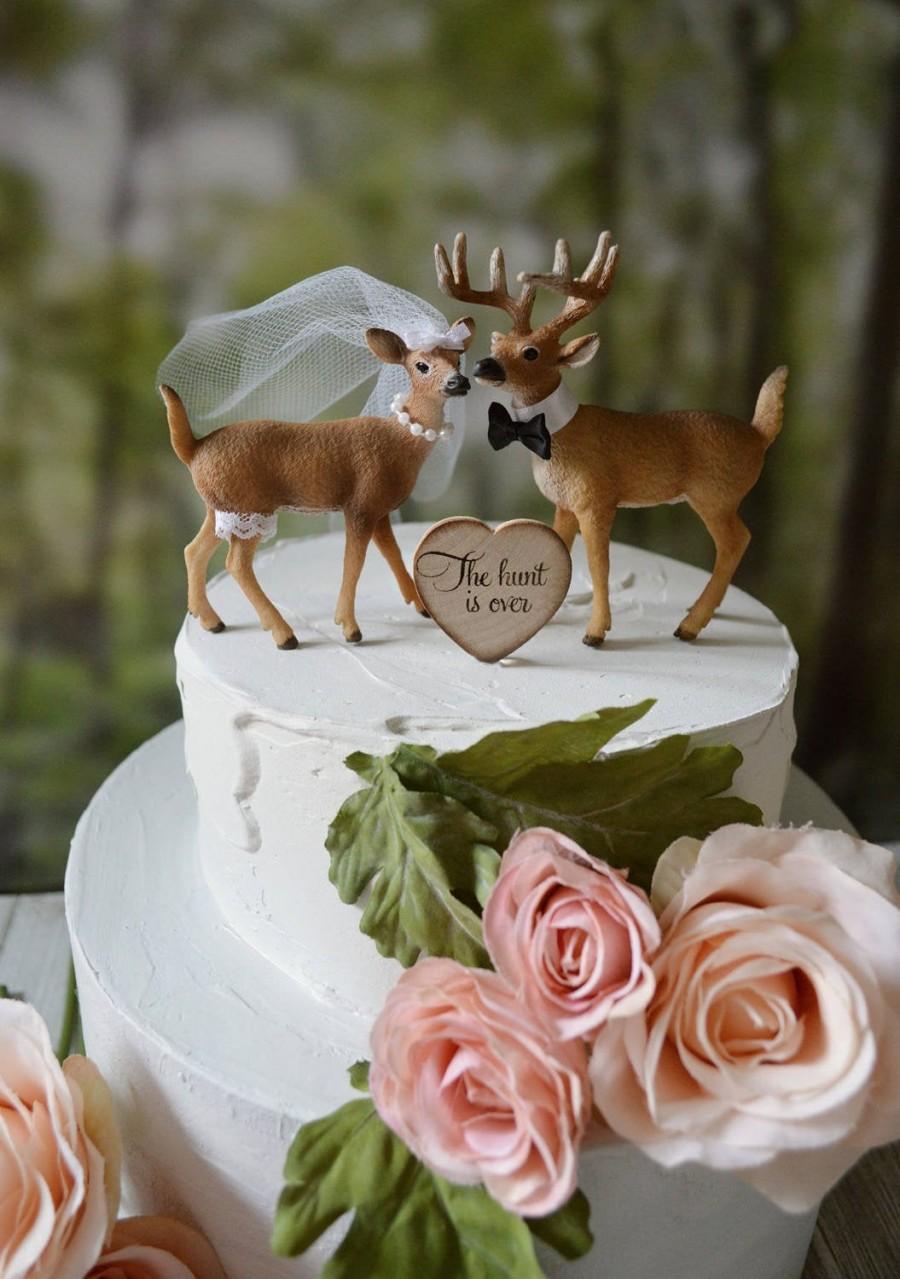 Hochzeit - Wedding cake topper deer hunter hunting groom buck doe camouflage antlers buck rack animal bride groom deer topper Mr and Mrs rustic wedding
