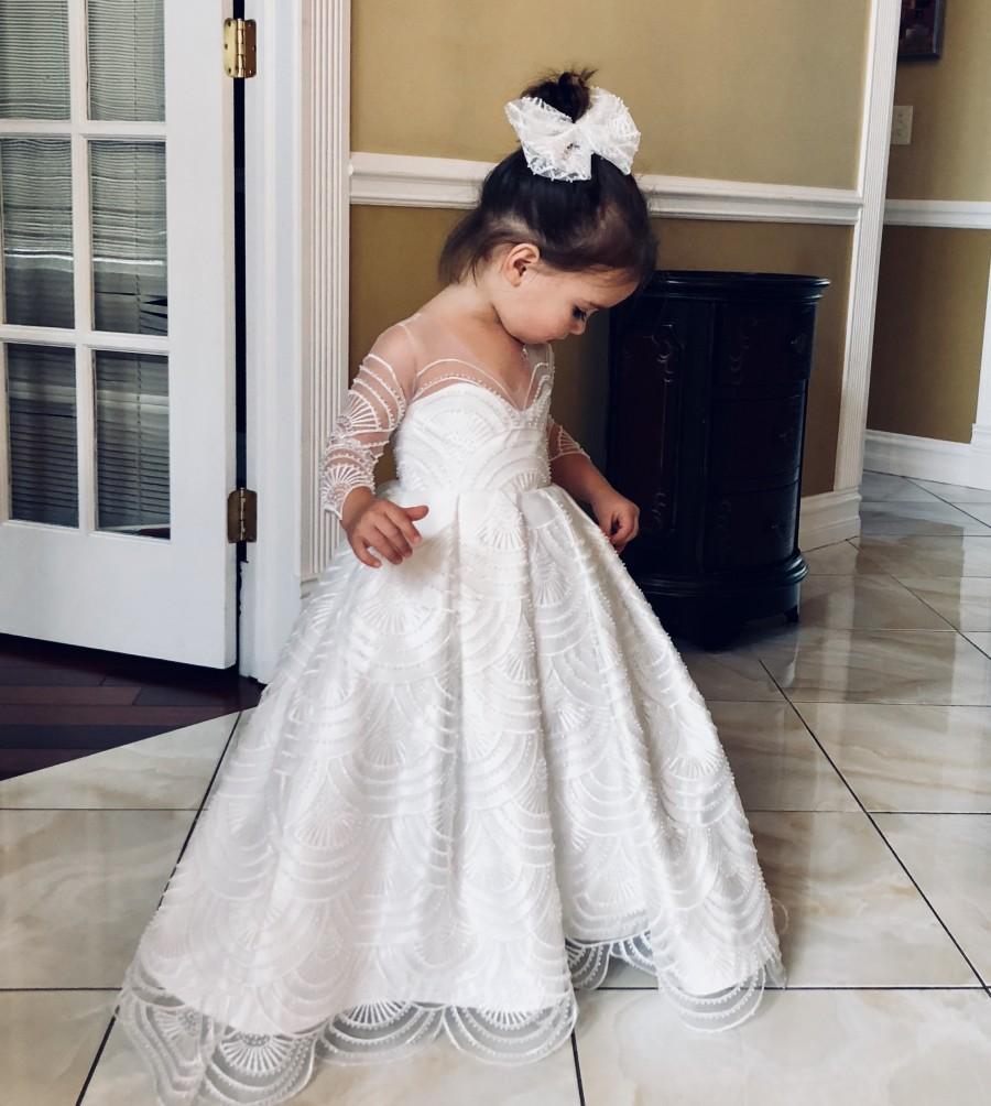 Mariage - Flower girl dress ivory beaded lace long sleeves baptism dress party dress