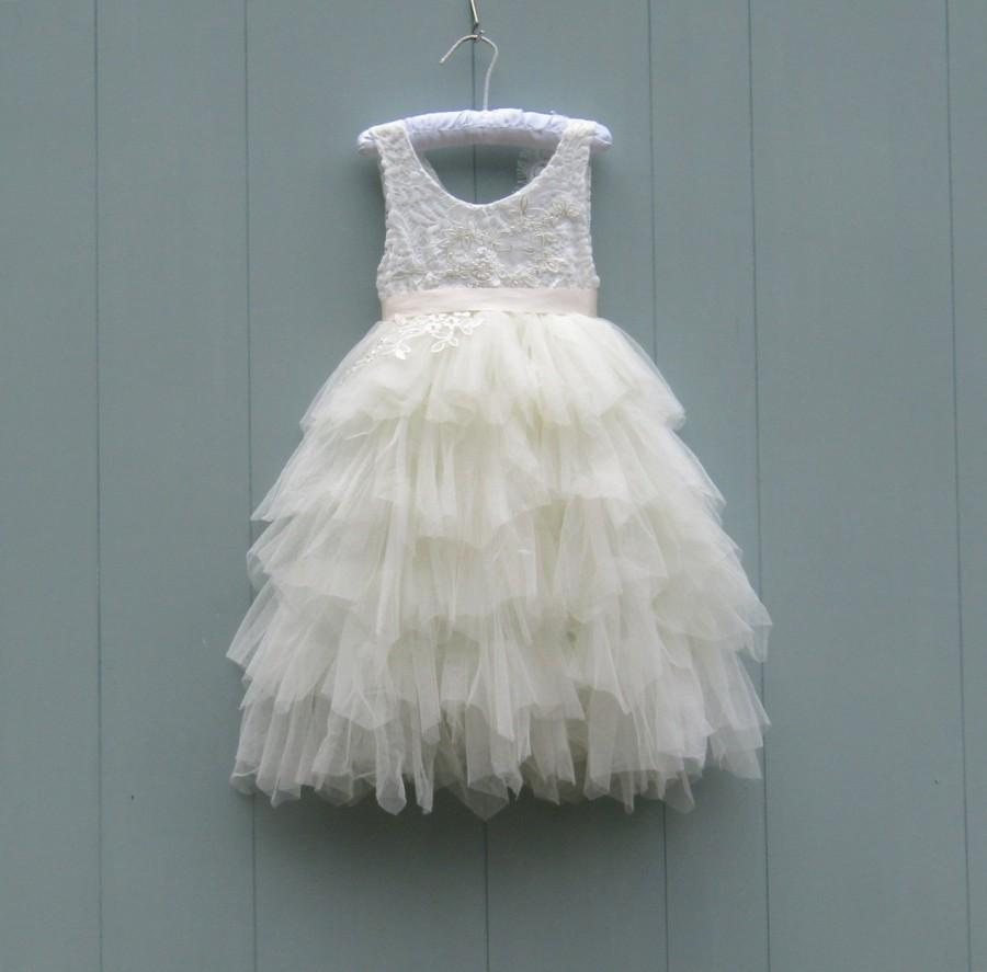 Mariage - Flower girl dress Long ivory dress White lace dress Baby girl dress Tulle dress Toddler dress Dresses Ivory girls dress Wedding Couture