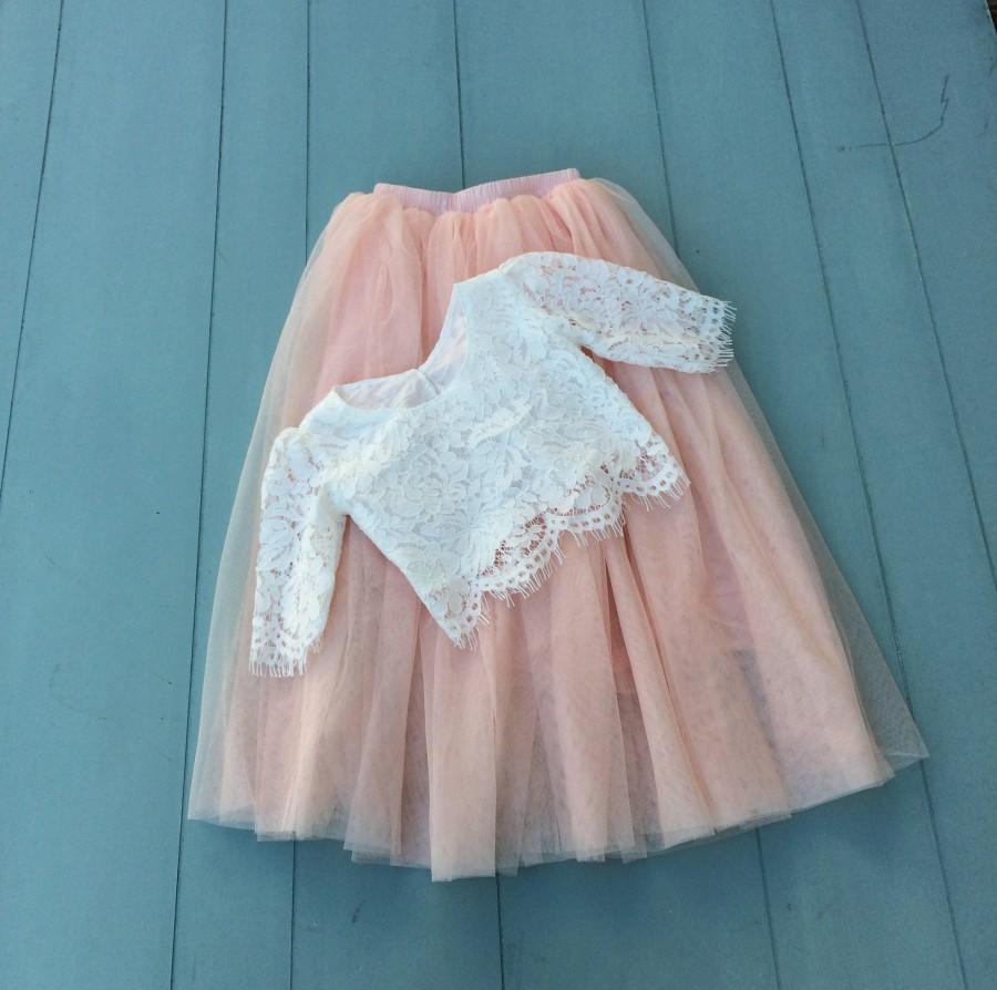 Свадьба - Blush pink tulle flower girl dress Lace flower girl dress Long flower girl dress Two piece flower girl dress Beach wedding Pink tutu skirt