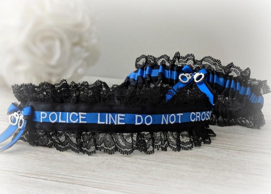 Свадьба - Police Line Do Not Cross Garter Set -  Personalized Blue Line Police Garters - Police Wedding Garters - I've Got Your Six Garter.