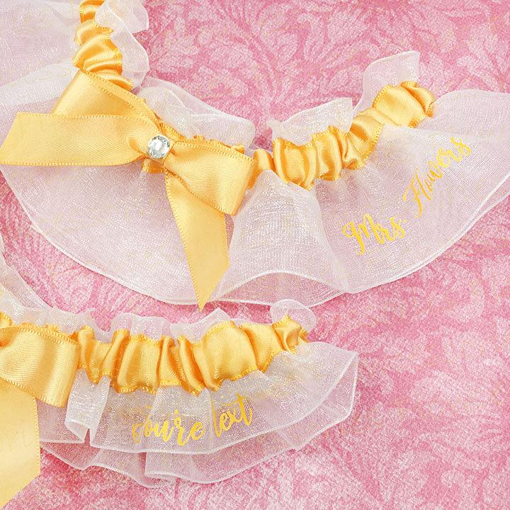 Hochzeit - Personalized handmade Light Gold Bridal Wedding Garters - Personalize Keepsake - You're Next Toss or Nice Catch Toss - Garter Set