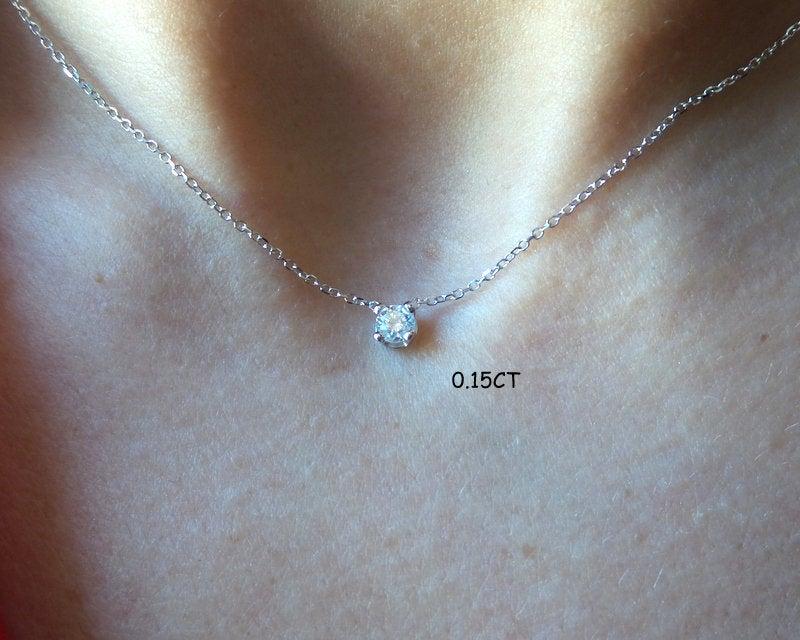 زفاف - Diamond Solitaire Necklace / Diamond Necklace/ 14k Gold Solitaire Diamond Necklace 0.15CT / Dainty Diamond Necklace/ Prong Set Diamond Solit