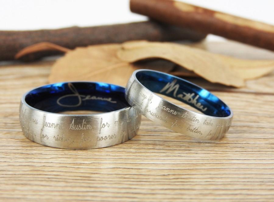 Mariage - Handmade Your Marriage Vow & Signature Rings Wedding Rings, Two Tones Matching Wedding Bands, Titanium Couple Rings Set