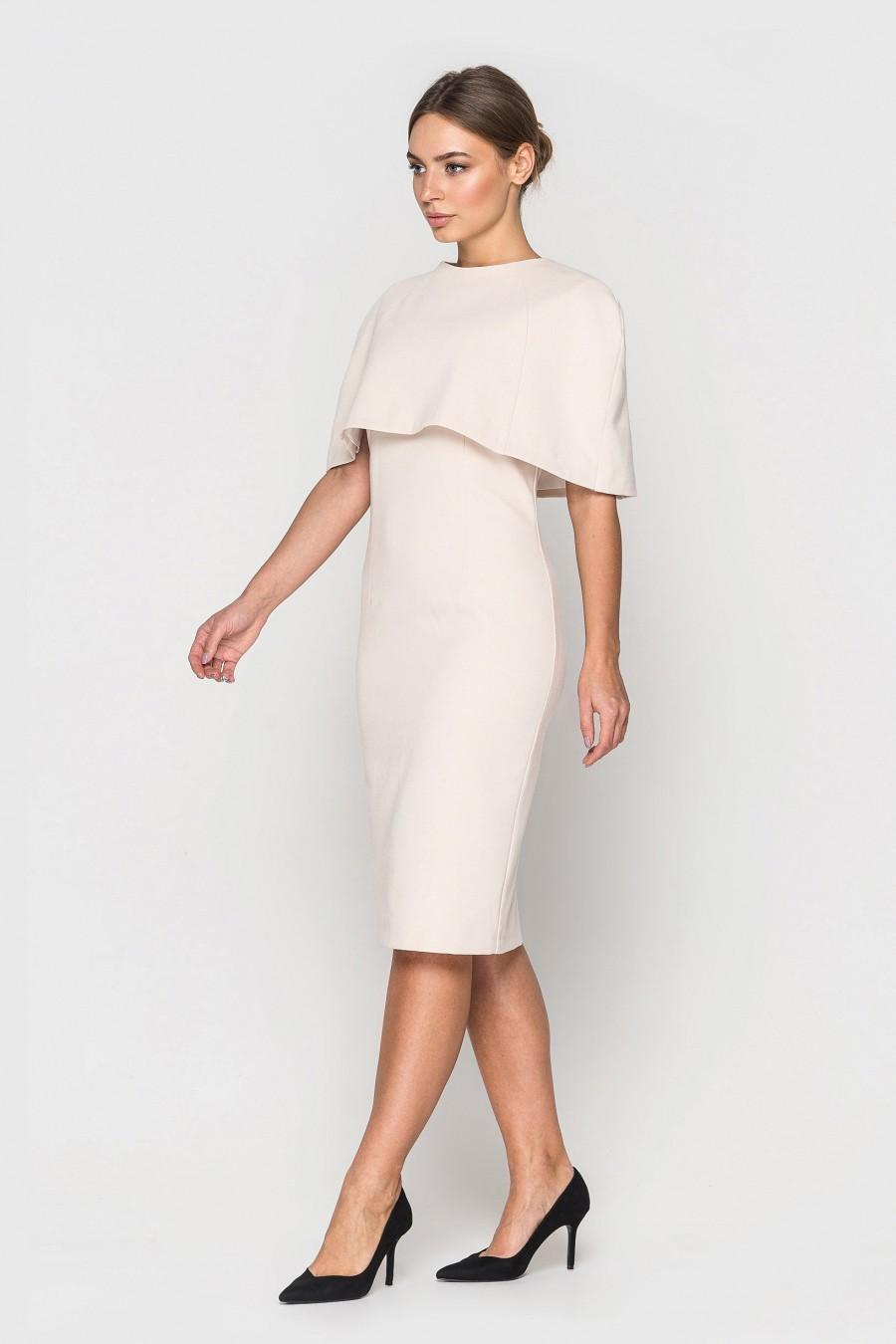 Свадьба - Cape dress "MEGAN style" in vanilla beige, classic shift dress with a cape for wedding or business
