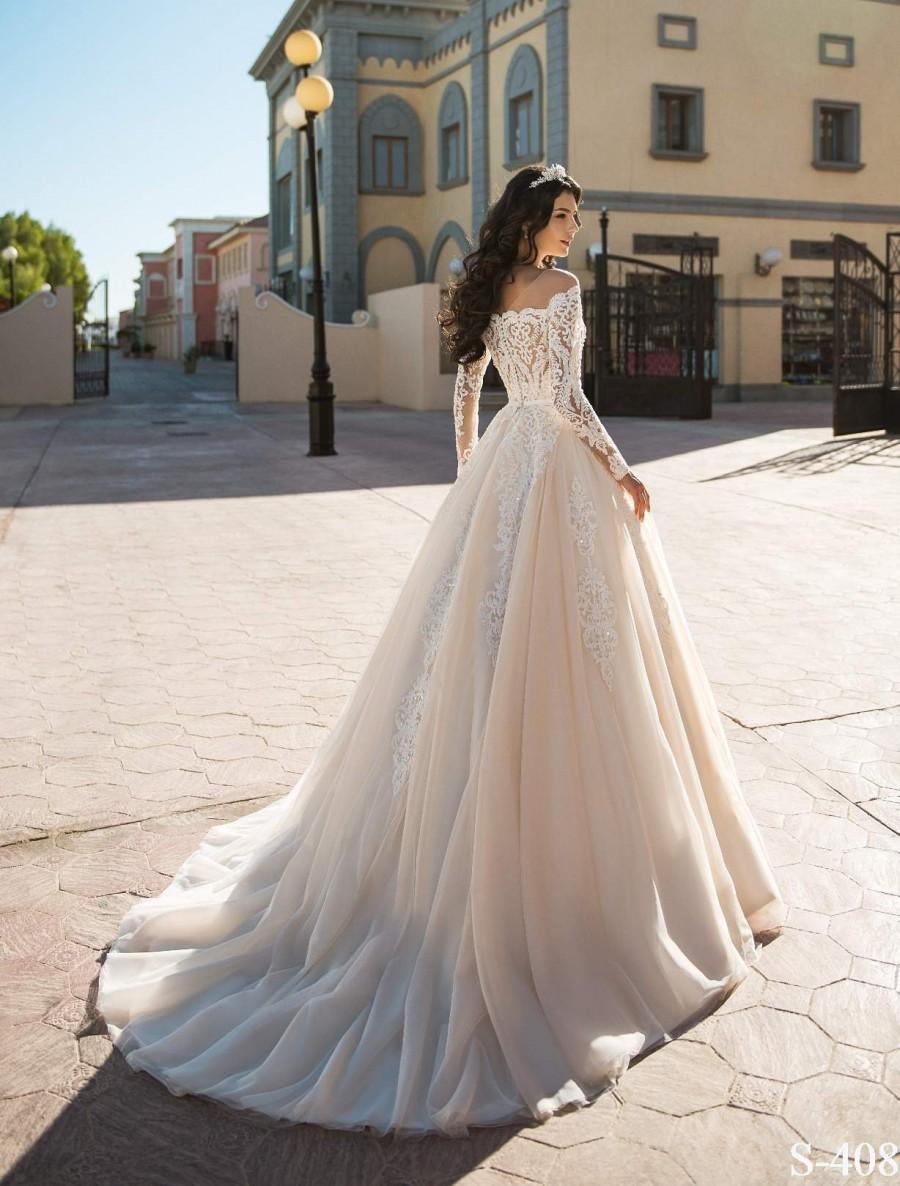 Hochzeit - Lace wedding dress with corset an off-shoulder and long lace sleeves, transparent back with buttons, light beige tulle skirt with lace