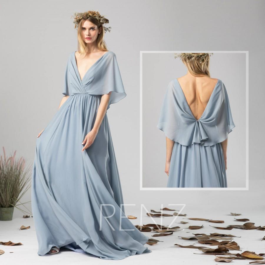 زفاف - Beach Wedding Dress Dusty Blue Chiffon Evening Dress Long Sleeve Gown Simple Wedding Dresses Bridal Dress Floor Length(H339B)