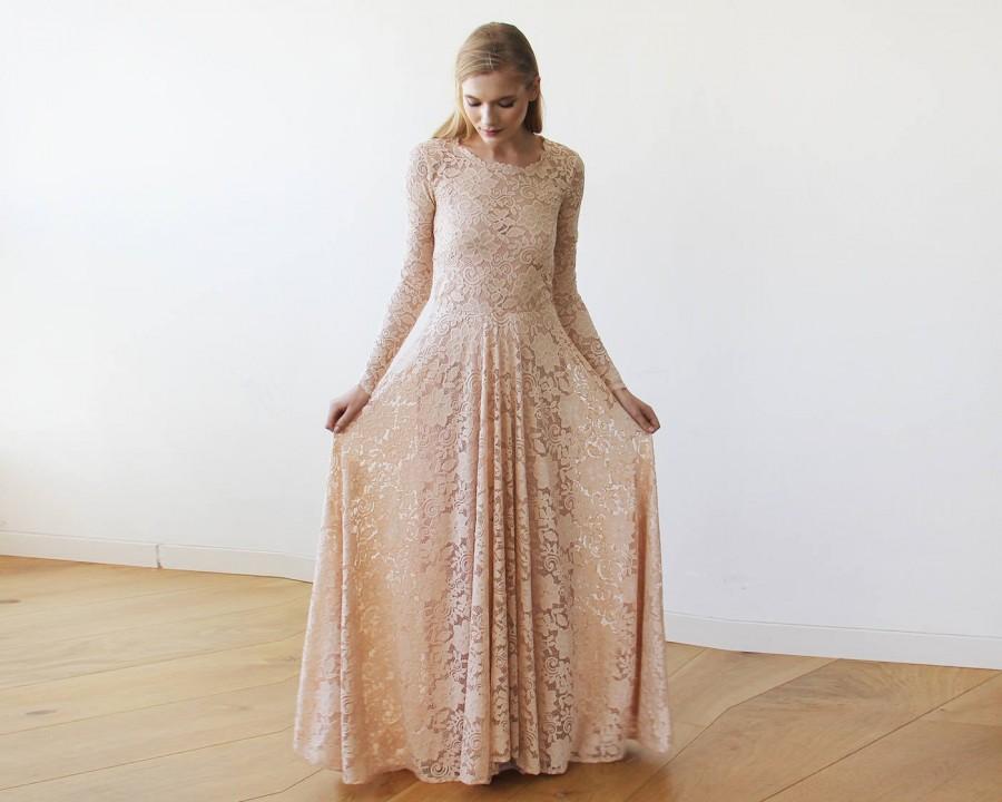زفاف - Round Neckline Maxi Pink Lace Dress With Long Sleeves 1147