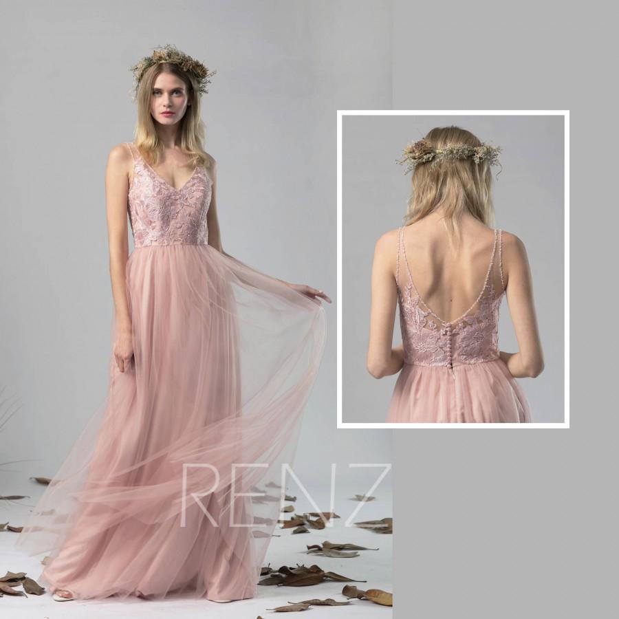 Свадьба - Bridesmaid Dress Blush Tulle Dress Wedding Dress Beaded V Neck Maxi Dress Illusion V Back Party Dress Sleeveless A-Line Evening Dress(LS412)