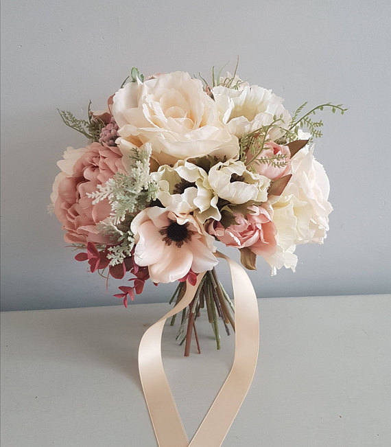 Hochzeit - Blush artificial wedding bouquet-Bridal bouquet-Silk bouquet-Rustic bouquet-Bridesmaid bouquet-Wedding flowers-Blush bouquets-Flower girl