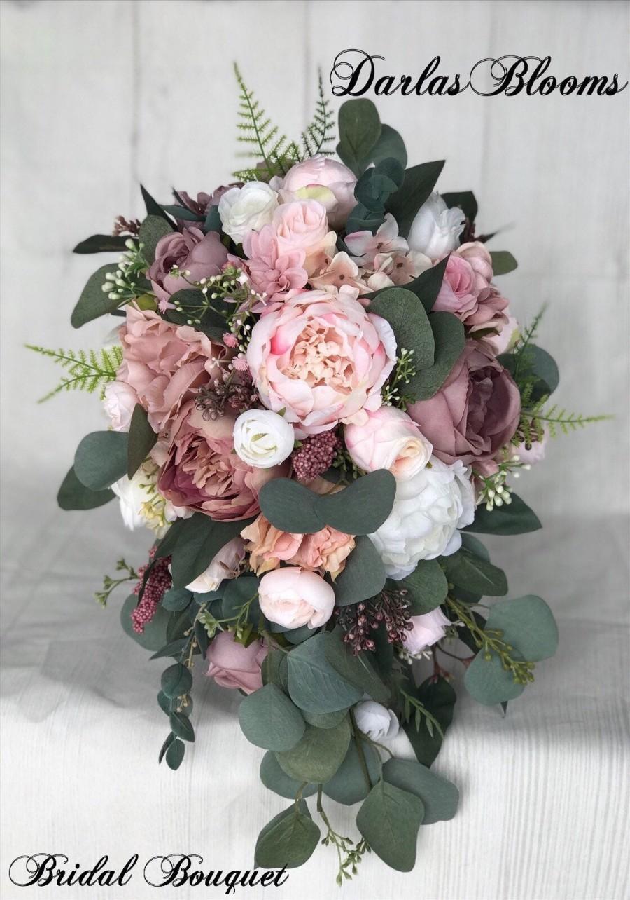 زفاف - Wedding bouquet, Dusty Rose Bridal bouquet, Cascade bouquet, Blush Wedding bouquet, Mauve/Dusty Rose Wedding flowers, Silk Bridal bouquet