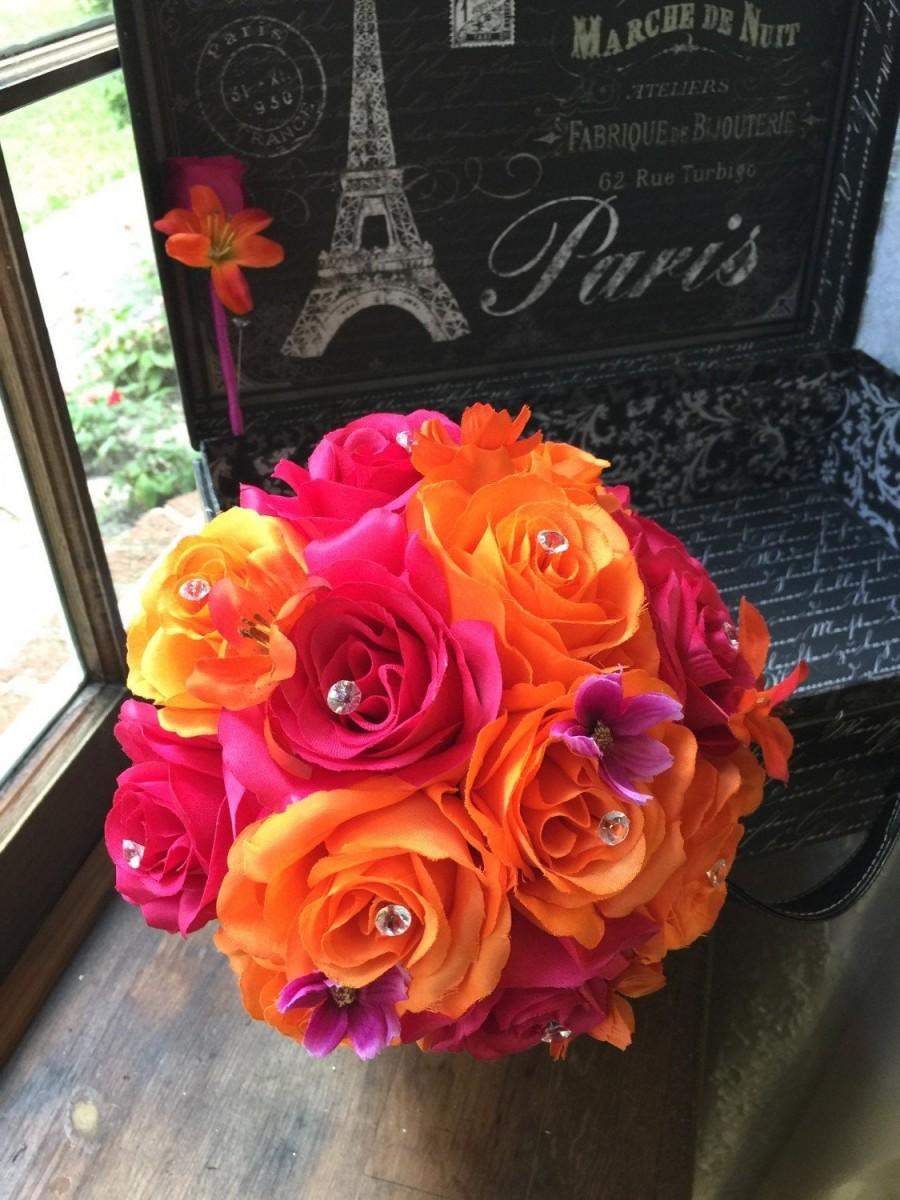 Свадьба - Orange Hot Pink Wedding Bouquet with Boutonniere, Pink Orange Bouquet, Hot Pink Bouquet Bridal Bouquet Bridesmaid Hot Pink Orange Bridesmaid