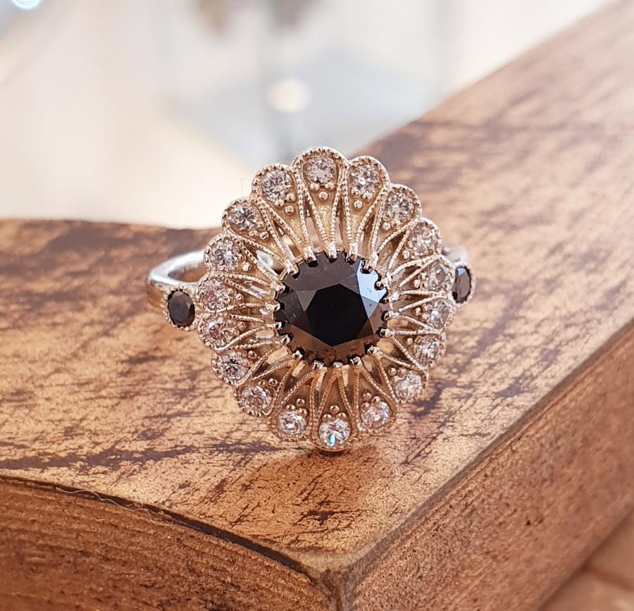 Hochzeit - Vintage Engagement Ring For Women Black Diamond Natural White Gold , Unique Engagement Ring, Art Deco Ring, Edwardian Ring