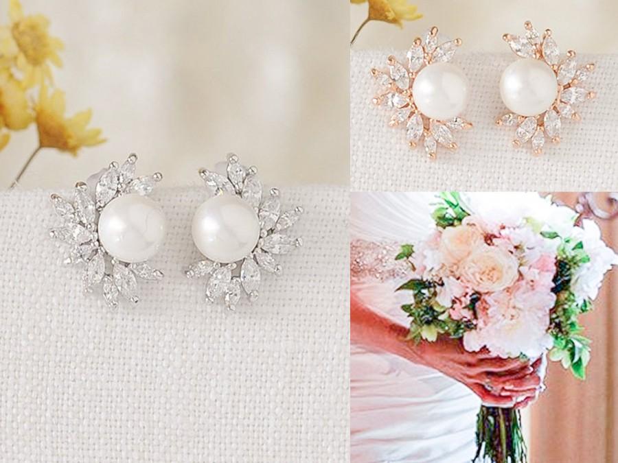 Hochzeit - Bridal Stud Earrings, Crystal Marquise Wedding Earrings, Leaf Studs, Bridal Jewelry, Pearl Earrings, Rose Gold Earrings, Bridesmaid, CECILE