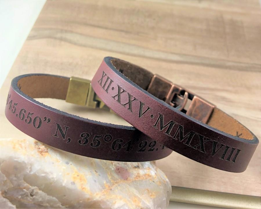 Hochzeit - FREE SHIPPNG-GPS Leather Bracelet,Roman Numerals Bracelet,Message Bracelet,Custom Men Leather Bracelet,Bracelet For Men,Leather Engrave Gift