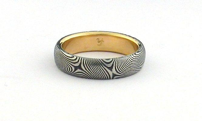 Wedding - Stainless Steel Damascus Ring Lined in 14K Gold.
