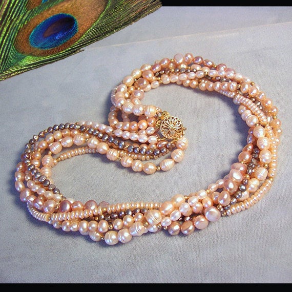زفاف - Freshwater Pearl Torsade Necklace ~ Six-Strand Peach and Mauve FWP Twist Necklace ~ Multi-strand Bridal Wedding Pearls ~ 14Kt Gold Filled
