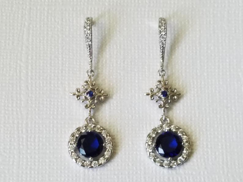 Wedding - Navy Blue Crystal Earrings, Blue Silver Earrings, Blue Chandelier Earrings, Blue Cubic Zirconia Bridal Earrings, Wedding Navy Blue Jewelry