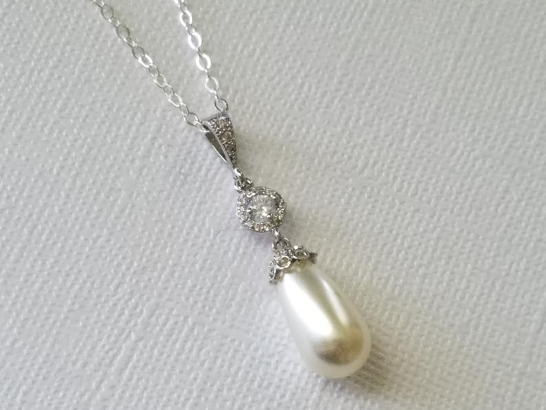 زفاف - Pearl Bridal Necklace, Swarovski Ivory Pearl Silver Necklace, Single Pearl Wedding Necklace, Teardrop Pearl Pendant, Bridesmaids Jewelry