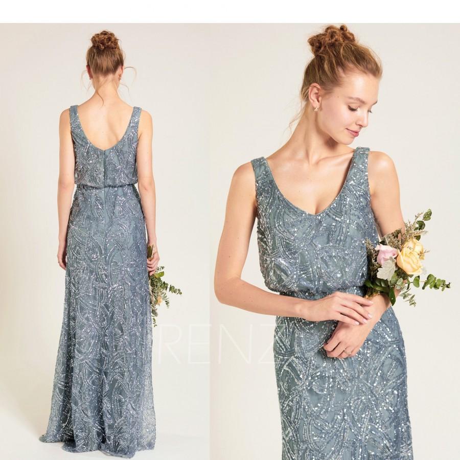 Hochzeit - Bridesmaid Dress Blue V Neck Sequin Dress Wedding Dress Long A-line Evening Dress (HQ673)