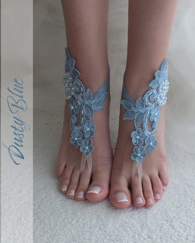 Hochzeit - EXPRESS SHIPPING Dusty Blue Beach wedding barefoot sandals wedding shoes beach shoes bridal accessories beach anklets Bridesmaid gift