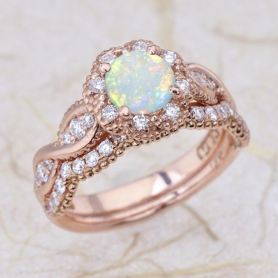 Wedding - 14K Vintage Rose Gold Opal Engagement Ring And Wedding Band Bridal Set in 14K Pink Gold