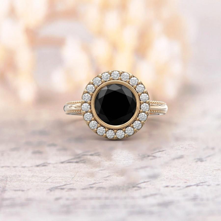 Hochzeit - 1ct Black Diamond Ring and 0.28ct Unique Halo Diamond Engagement Ring Art Deco Ring Rose gold  Ring 1.28 ctw