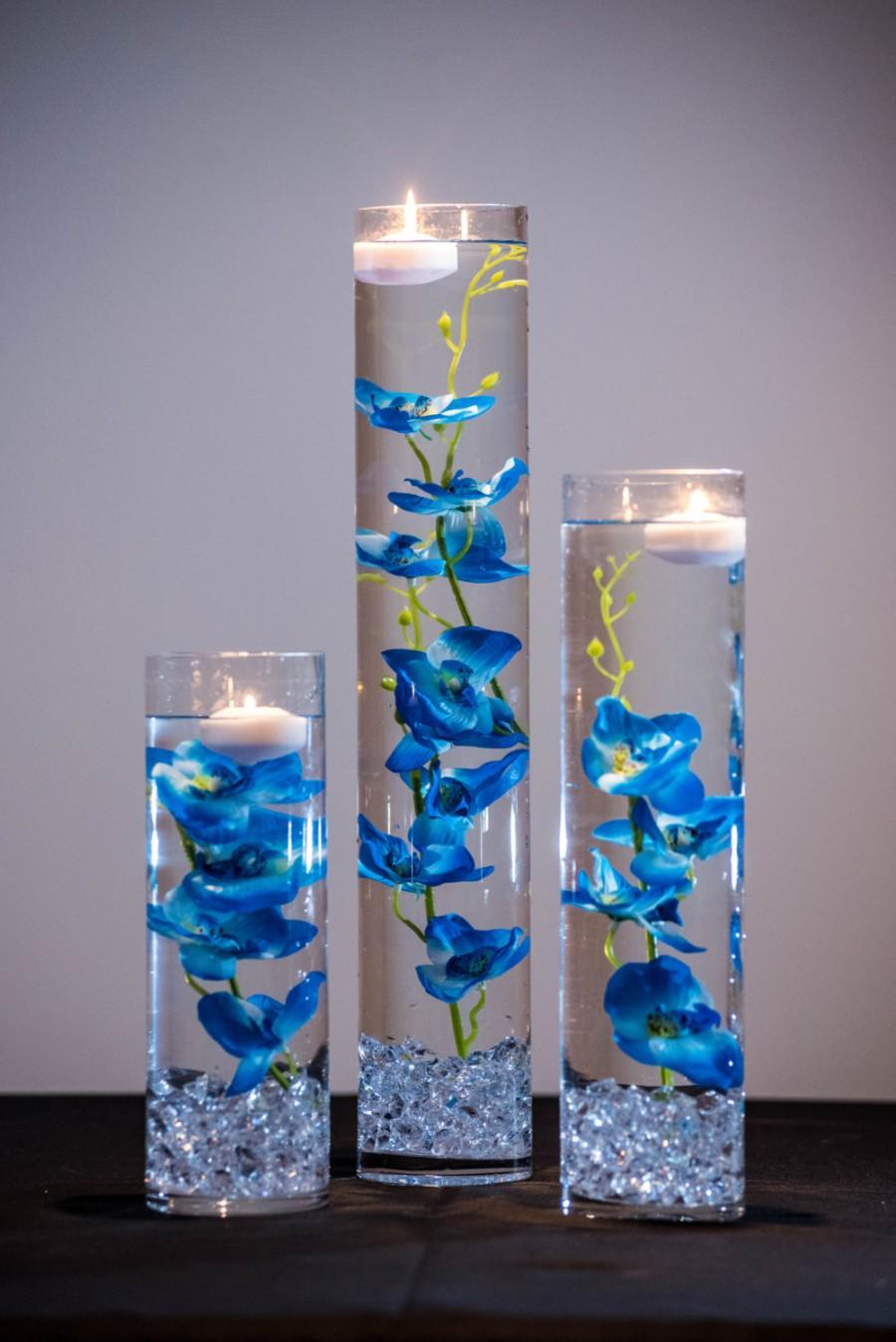 زفاف - Submersible Blue/Purple/White/White with purple Orchids  Floral Wedding Centerpiece with Floating Candles and Acrylic Crystals Kit