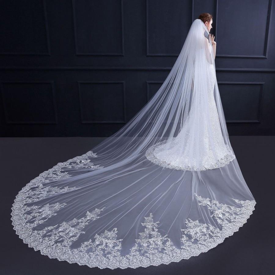 زفاف - European Sequin Lace Trim Long Tail 3 Meters Cathedral Church Wedding Bridal Lace Veil