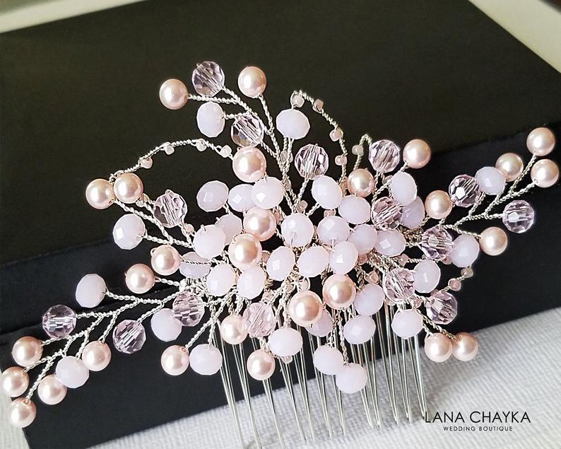Hochzeit - Blush Pink Pearl Crystal Bridal Hair Comb, Swarovski Rosaline Pearl Hair Piece, Light Pink Headpiece, Wedding Pink Hair Comb, Hair Jewelry