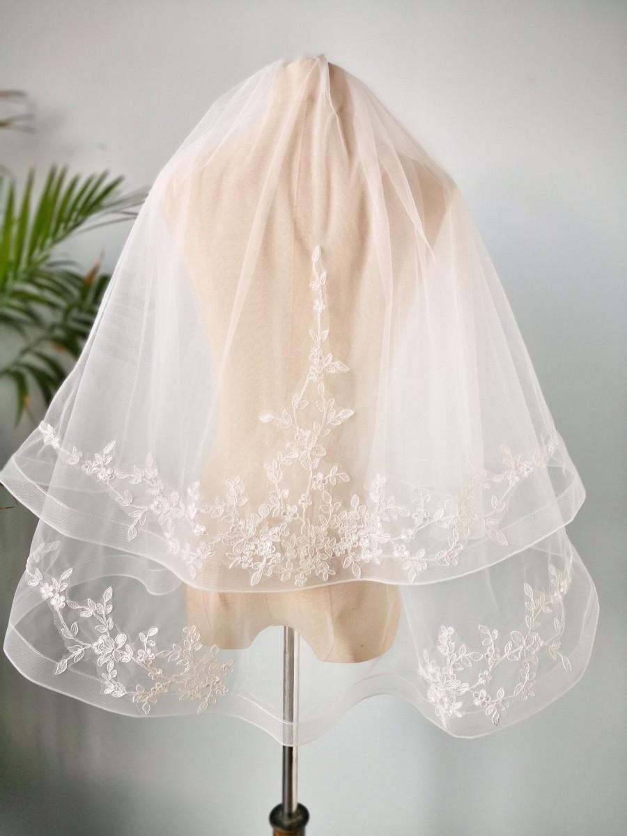 Wedding - Two-Tier Horsehair Trim Fingertip Veil with comb, Off White Double 2 Layer Wedding Veil