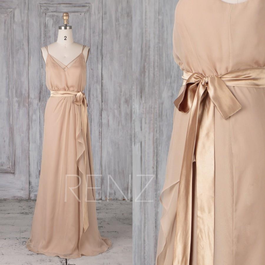 زفاف - Bridesmaid Dress Champagne Chiffon Dress Wedding Dress V Neck Spaghetti Strap Prom Dress Ruffle Skirt Maxi Dress A-line Formal Dress(L133C)