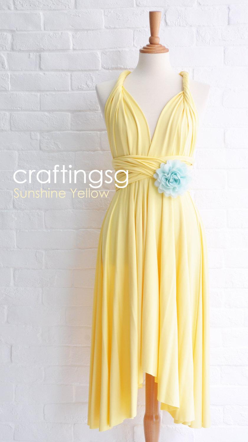 Hochzeit - Bridesmaid Dress Infinity Dress Sunshine Yellow Knee Length Wrap Convertible Dress Wedding Dress