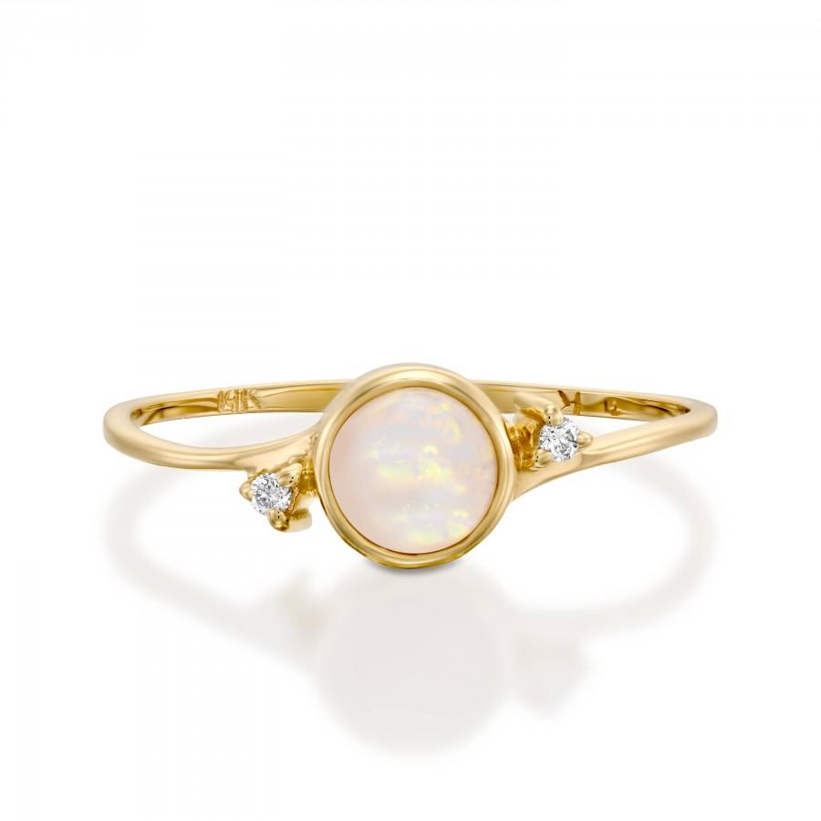 Wedding - opal diamond engagement ring 3 stone ring 14k gold ring very thin band