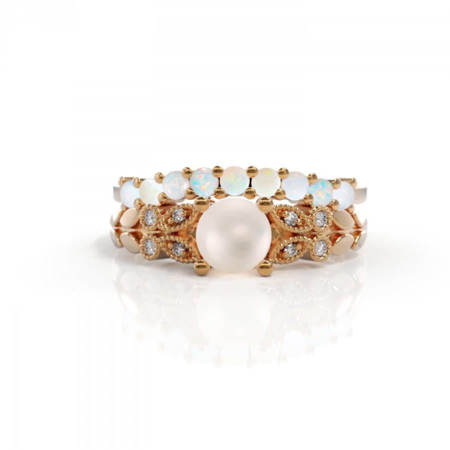 زفاف - Uniqu Set Pearl engagement ring pearl diamond ring October birthstone 14k opal ring gold White Opal Matching Wedding Band Women